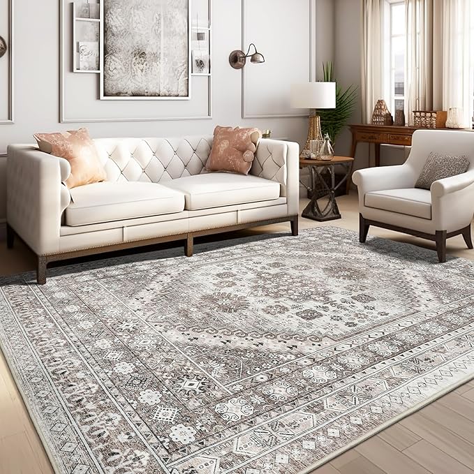 zesthome 10x12 Area Rugs,Stain Resistant Washable Rug,Ultra-Thin Rugs for Living Room,Bedroom,Non-Slip Backing Home Decor Large Area Rug (Brown/Beige,10'x12')