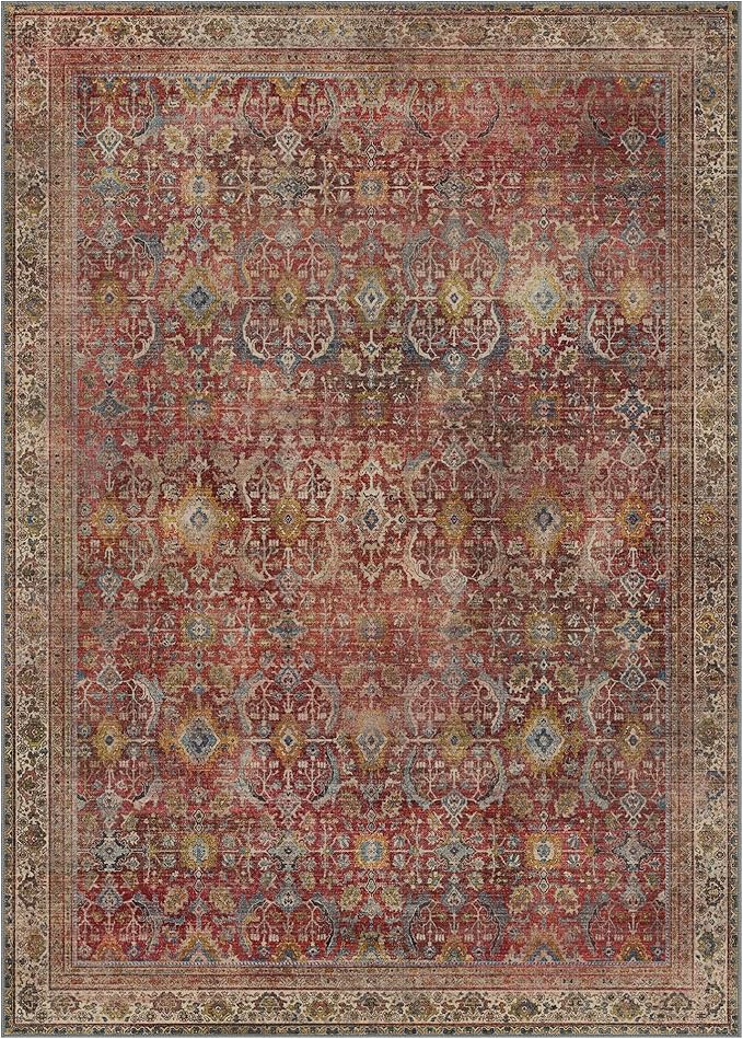 9X12 Area Rugs Machine Washable Rugs for Living Room, Vintage Boho Large Rugs for Bedroom Dining Room, Non Slip Indoor Soft Distressed Lightweight Thin Low Pile Carpet, Rust Red