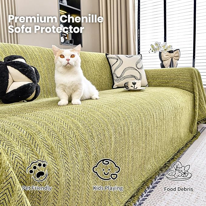 Nobildonna Sofa Cover Washable Soft Thicken Chenille Couch Cover with Tassel,Waterproof Sofa Slipcover for 3-4 Cushion Couch,Sectional Sofa,L-Shaped Furniture Protector Pet-Friendly,Green 91"x134"