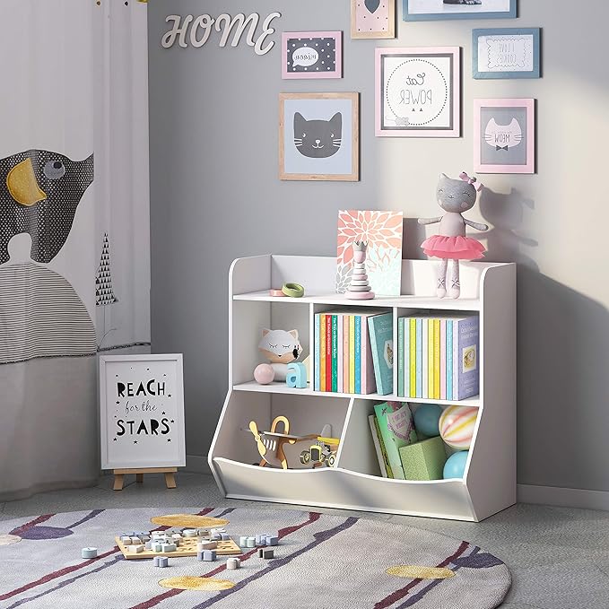 UTEX Toy Storage Organizer with Bookcase, Kid’s Multi Shelf Cubby for Books,Toys, Storage Organizer for Boys,Girls Play Room/Bedroom-White