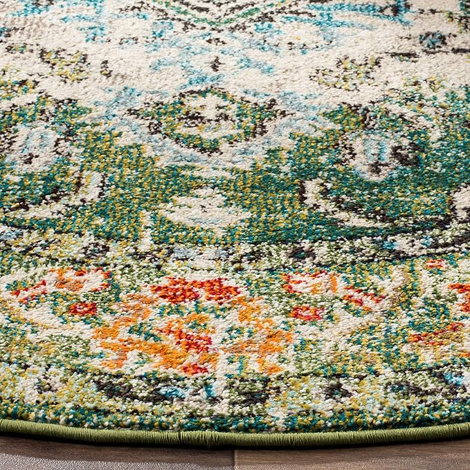 SAFAVIEH Monaco Collection Area Rug - 8'8" Round, Forest Green & Light Blue, Medallion Distressed Design, Non-Shedding & Easy Care, Ideal for High Traffic Areas in Living Room, Bedroom (MNC243F)