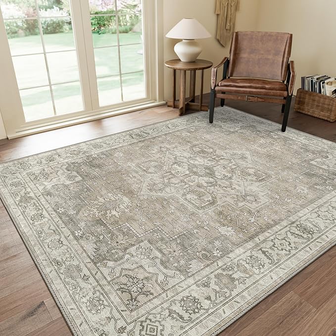 GENIMO 10x14 Area Rugs for Living Room, Machine Washable Non Slip Vintage Rugs, Low Pile Lightweight Chenille Print Rug for Bedroom, Dining Room, Home Office, Trench