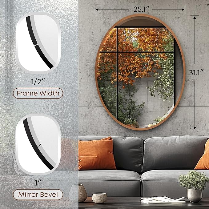 OVALCREST - Oval Wooden Beveled Wall Mirror for Home Decor, Bathroom, Vanity, Bedroom, Living Room, Hallway - London Style (Gold Spray) 25.1 x 31.1