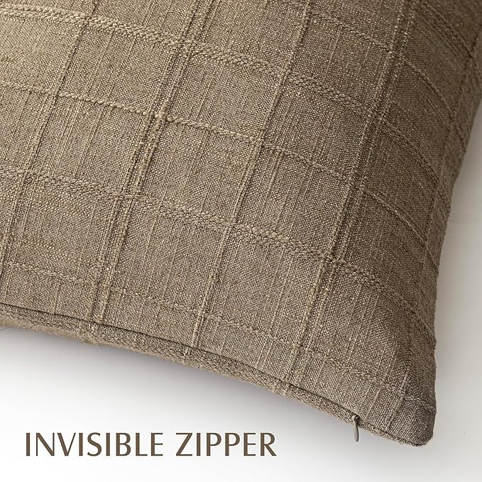 Foindtower Set of 2 Decorative Linen Check Throw Pillow Covers Neutral Farmhouse Vintage Cushion Covers Modern Boho Home Decor for Sofa Chair Couch Bedroom Living Room Outdoor,20×20 Inch, Brown