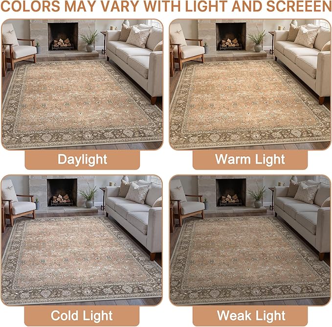 8X10 Area Rugs Machine Washable Rugs for Living Room, Vintage Boho Large Rugs for Bedroom Dining Room, Non Slip Indoor Soft Distressed Lightweight Thin Low Pile Carpet, Chestnut