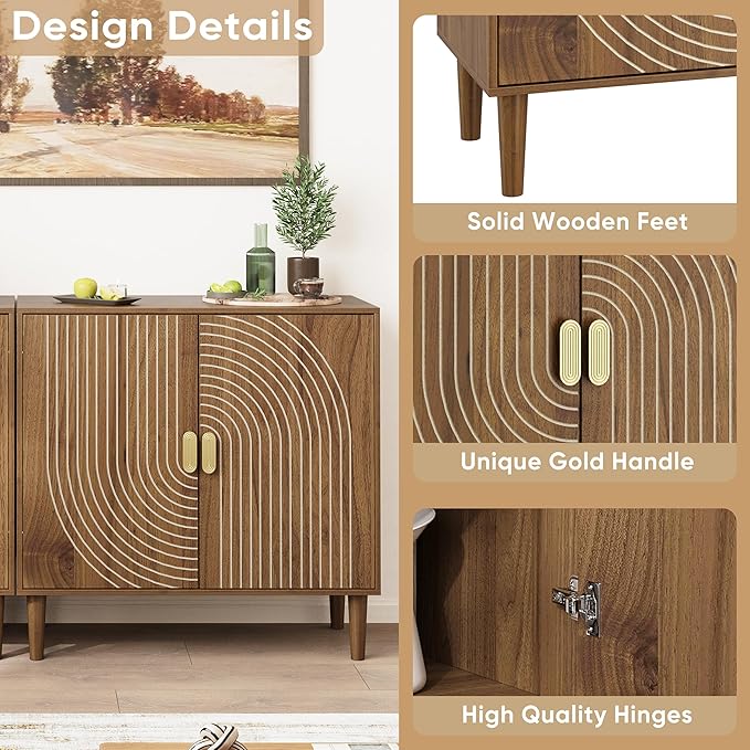 Smuxee Walnut Sideboard Cabinet, Freestanding Buffet Cabinet with Line Groove Design, Wood Storage Cabinet with Adjustable Shelf for Living Room, Entryway, Hallway