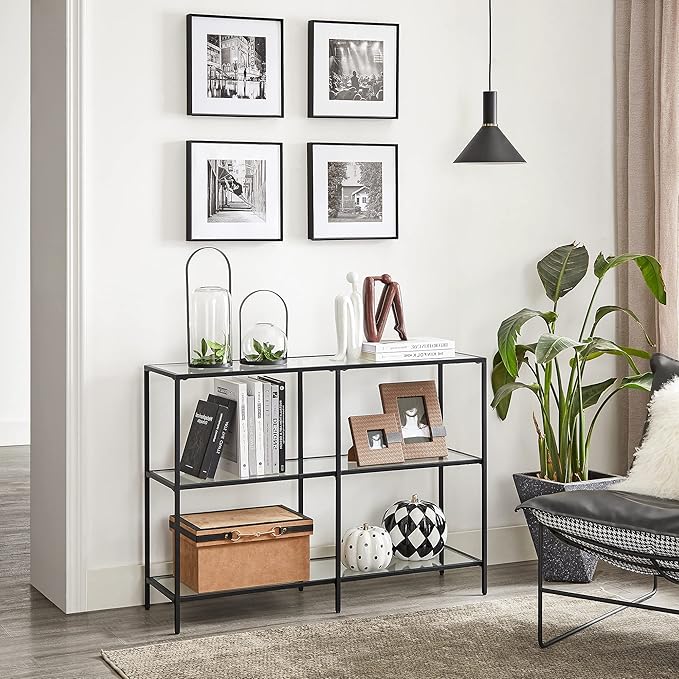 VASAGLE 39.4 Inch Console Table with 3 Shelves, Sofa Tables, Modern Entryway Table, Metal Frame, Tempered Glass Shelf, Entryway Living Room Bedroom, Classic Black and Transparent ULGT027B01