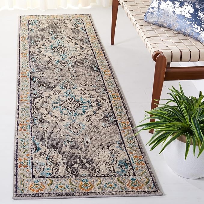 SAFAVIEH Monaco Collection Runner Rug - 2'2" x 20', Grey & Light Blue, Boho Chic Medallion Distressed Design, Non-Shedding & Easy Care, Ideal for High Traffic Areas in Living Room, Bedroom (MNC243G)