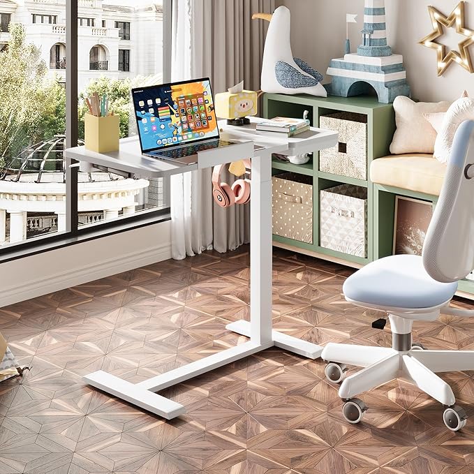Standing Desk, Medical Overbed Table with Rolling Tray, Dual Pneumatic Angle and Height Adjustable Desk, Portable Side Table with Hidden Wheels, Home & Hospital Use, White