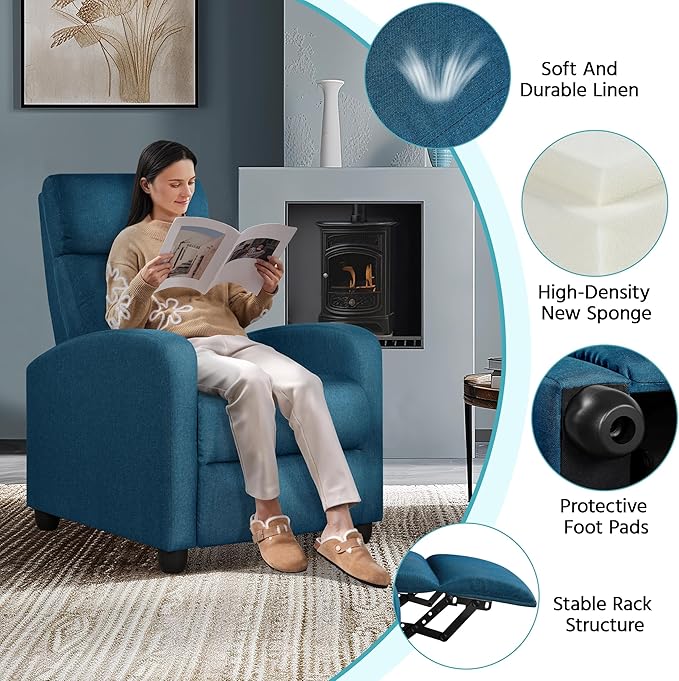 Yaheetech Fabric Recliner Sofa Modern Single Recliner Sofa Home Theater Seating with Thick Seat Cushion, Backrest and Pocket Spring, Blue