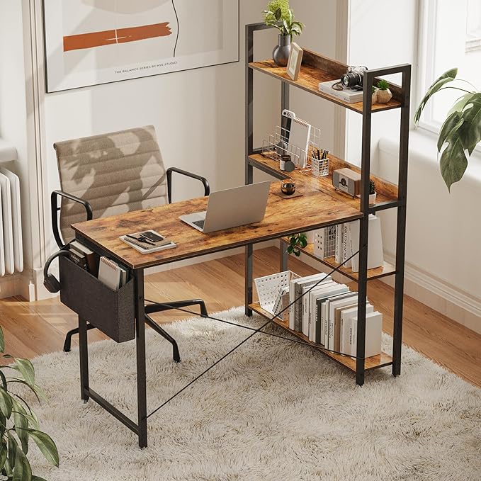 Treesland 55 Inch Computer Desk with Storage Shelves, L Shaped Desk with Storage, Corner Desk with Shelves, Home Office Desks, Bookshelf Desk, Writing Study Desk for Bedroom, Brown