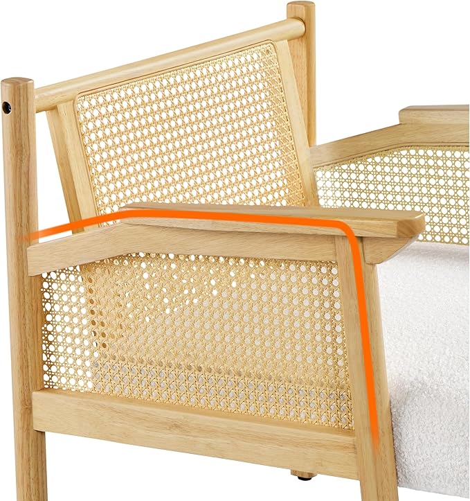 Yaheetech Accent Boucle Vanity Chair with Rattan Back Arms, Mid Century Upholstered Living Room Lounge Chair Bedroom Balcony White 2 PCS