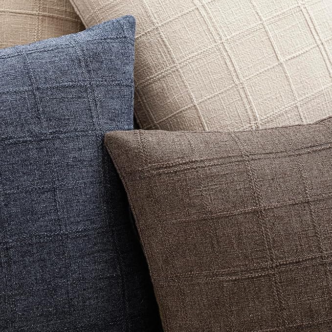 Foindtower Set of 2 Decorative Linen Check Throw Pillow Covers Neutral Farmhouse Vintage Cushion Covers Modern Boho Home Decor for Sofa Chair Couch Bedroom Living Room Outdoor,22×22 Inch,Dark Brown