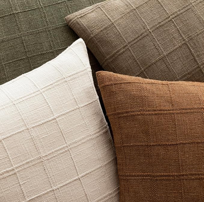 Foindtower Set of 2 Decorative Linen Check Throw Pillow Covers Neutral Long Body Lumbar Cushion Covers Farmhouse Vintage Boho Home Decor For Sofa Chair Couch Bedroom Living Room,14×36 Inch,Brown Hazel
