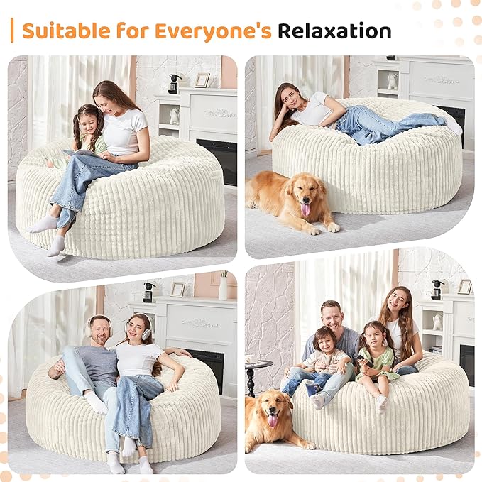 HABUTWAY 4FT Bean Bag Chair, 4' Large Bean Bag Chairs for Adults with Removable Stripe Plush Cover, Memory Foam Beanbag Chair for Living Room Bedroom Dorm (White)