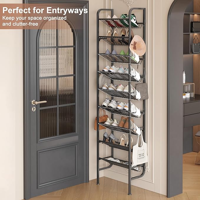 UMDONX 9 Layer Shoe Rack for 18 Pairs Shoes, Freestanding Shoe Organizer with 12 Hooks & 8 Adhesive Pads, Space-Saving Vertical Storage for Entryway and Walk-in Closet