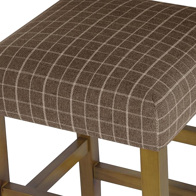 HomePop Home Decor |Classic Open-Back Counter Height Barstool| Square 24 Inch Bar Stools with Domed Cushion, Brown Window Pane Print