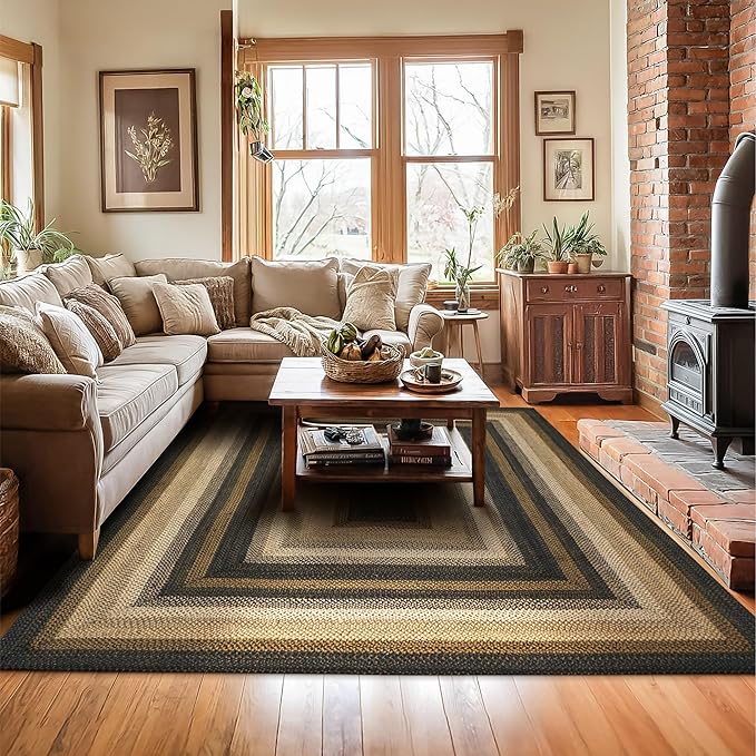 Homespice Kilimanjaro Jute Black Braided Area Rug 4x6' for Living Room, Bedroom and Dining Room. Pet Friendly. Decor Styles- Farmhouse Rug, Rustic, Vintage, Cottage, Primitive, Country, Boho Rug