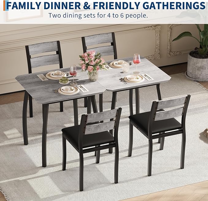 Small Dining Table Set for 2,3-Piece Kitchen Table Set with Thick Wood Grain Tabletop & 2 Upholstered Chairs & Metal Frame, Compact Table Set for Small Spaces, Kitchens & Dining Rooms (Grey)