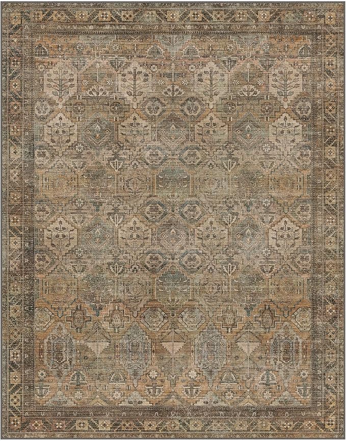 GENIMO 4x6 Area Rugs for Living Room, Machine Washable Non Slip Vintage Rugs, Low Pile Lightweight Chenille Print Rug for Bedroom, Dining Room, Home Office, Warm Taupe