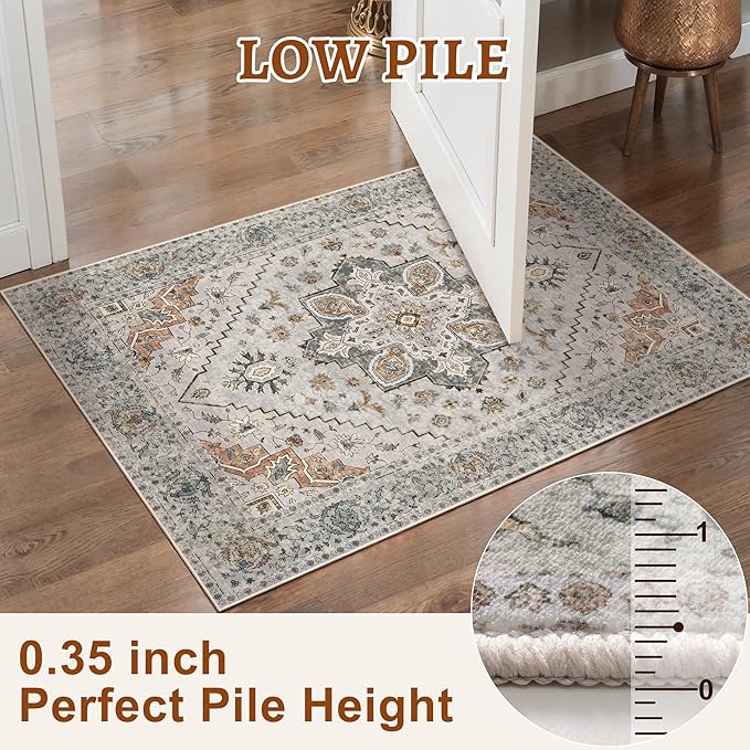 Tangsoo 2x10 Washable Runner Rug for Hallways, Non Slip Vintage Runner Rug, Soft Low Pile Long Runner, Print Distressed Taupe Carpet Runners for Kitchen Bedroom Entryway Bathroom Living Room