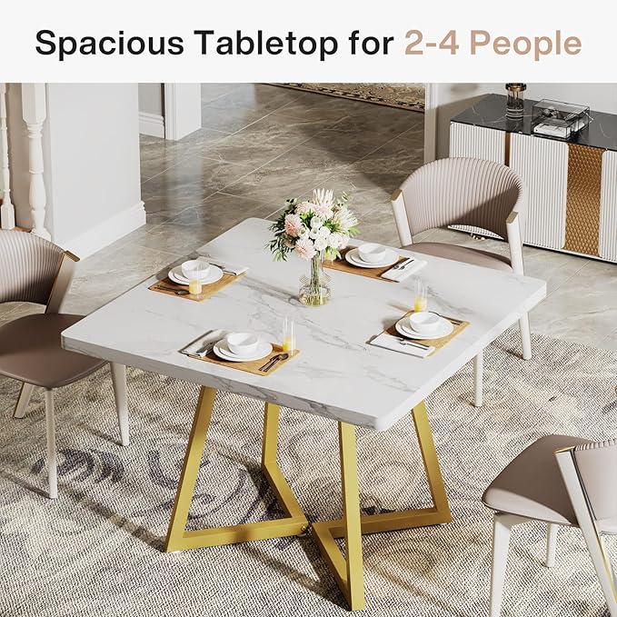 Tribesigns Square Dining Table for 6, 31.5" Modern Dinner Table with Metal Base, Kitchen Table for Dining Room, Small Space, Apartment, White & Gold