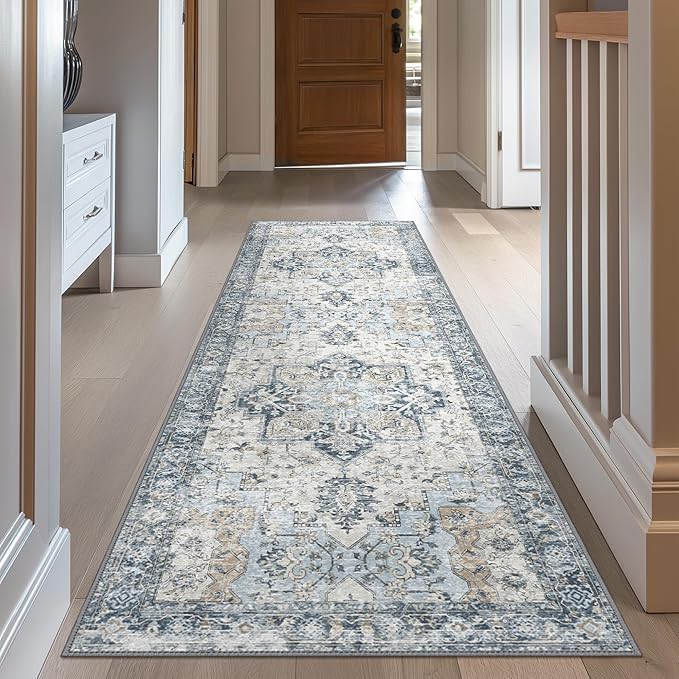 GENIMO Runner Rug 2'6''x8, Non Slip Vintage Hallway Runner Rugs, Low Pile Lightweight Machine Washable Mat for Hallway, Entryway, Bedroom, Kitchen and Corridor, Blue