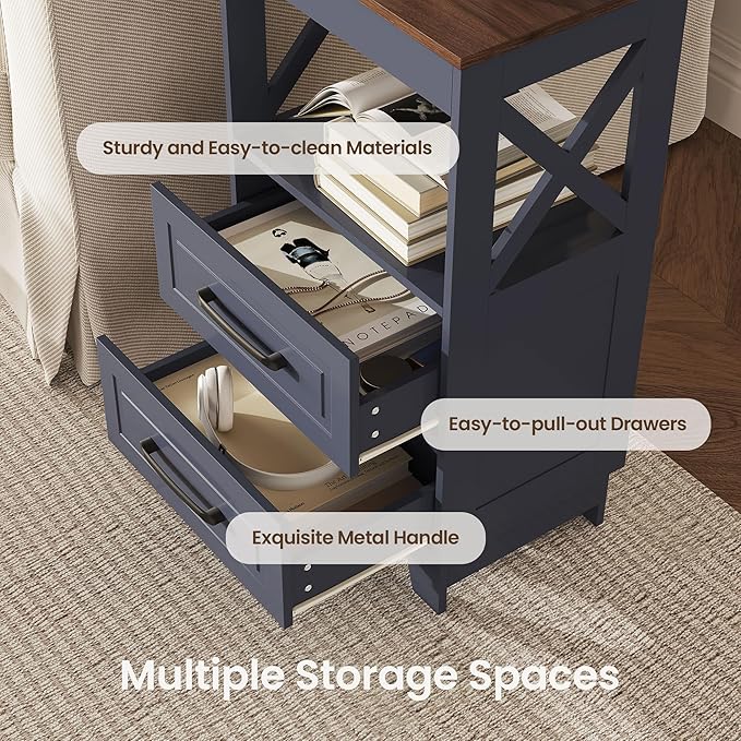 Tall Nightstand Set of 2 Side Table with 2 Drawers Modern Night Stand Wooden Rustic End Table Bedside Table with Upper Open Shelf Solid Feet for Bedroom, Living Room, Navy Blue+Walnut