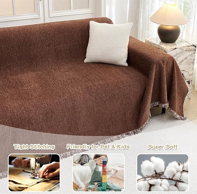 MYSKY HOME Couch Cover for Dogs Washable Couch Covers Couch Covers for Dogs Couch Cover 2 Cushion Sofa Non Slip Dogs Furniture Protector with Tassels Chenille Sofa Covers for Pets, 71"x102", Chocolate