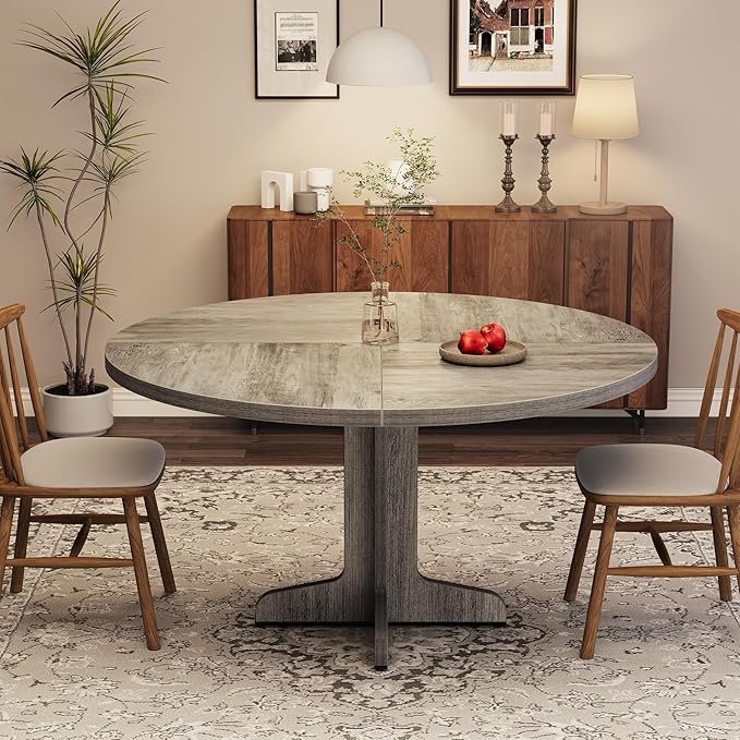 Garvee 47 Inch Round Dining Table for 4, Farmhouse Kitchen Dining Room Circle Dinner Table, Kitchen Dining Room Furniture, Grey (Table Only)