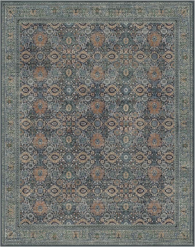 8X10 Area Rugs Machine Washable Rugs for Living Room, Vintage Boho Large Rugs for Bedroom Dining Room, Non Slip Indoor Soft Distressed Lightweight Thin Low Pile Carpet, Beige Blue Grey