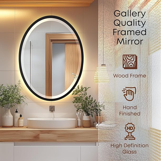 OVALCREST - Oval Wooden Beveled Wall Mirror for Home Decor, Bathroom, Vanity, Bedroom, Living Room, Hallway - London Style (Matte Black) 17.1 x 21.1
