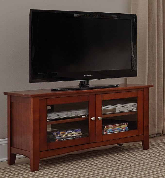 Alaterre Furniture Shaker Cottage 36-Inch TV Stand Cabinet – Glass Door Media Console with Adjustable Shelves, Beadboard Accent, and Storage Organizer for Living Room, Bedroom, or Office (Cherry)