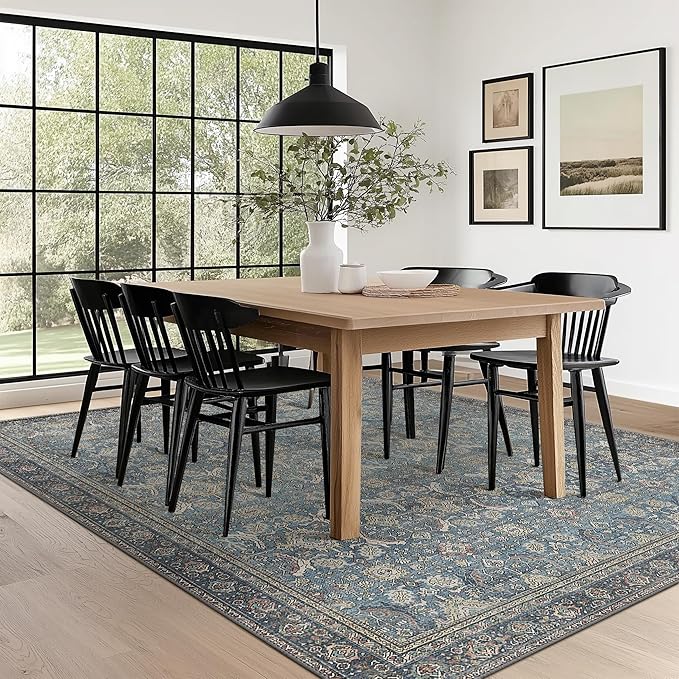 6X9 Area Rugs Machine Washable Rugs for Living Room, Vintage Boho Large Rugs for Bedroom Dining Room, Non Slip Indoor Soft Distressed Lightweight Thin Low Pile Carpet, Vintage Blue