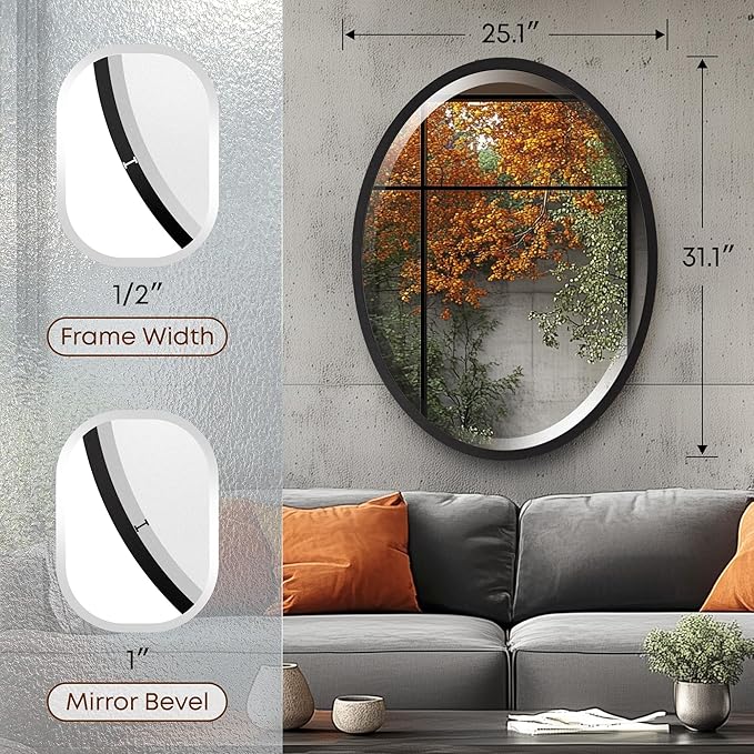 OVALCREST - Oval Wooden Beveled Wall Mirror for Home Decor, Bathroom, Vanity, Bedroom, Living Room, Hallway - London Style (Matte Black) 25.1 x 31.1