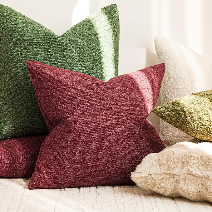 Foindtower Pack of 2 Textured Boucle Throw Pillow Covers Accent Solid Decorative Lumbar Pillow Cases Cozy Couch Cushion Case for Chair Sofa Bed Living Room Home Decor 12 x 20 Inch Hunter Green