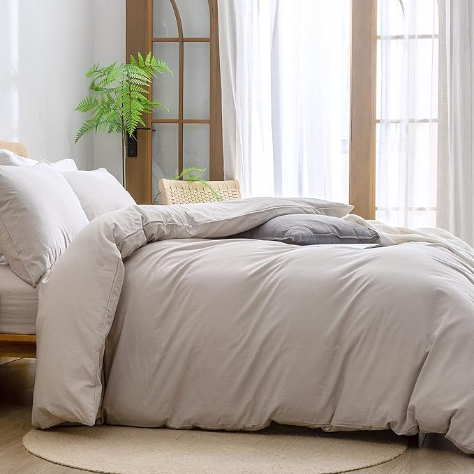 BESTOUCH Duvet Cover Set 100% Washed Cotton Linen Feel Super Soft Comfortable Chic Lightweight 3 PCs Home Bedding Set Solid Linen Grey Super Queen