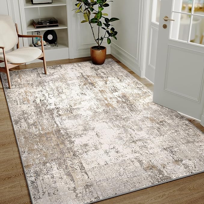 4x5 Washable Area Rug Brown Grey Neutral Abstract Entryway Kitchen Non Slip Low Pile Throw Rug Living Room Bedroom Indoor Doormat Soft Carpet for Entrance Bathroom Office