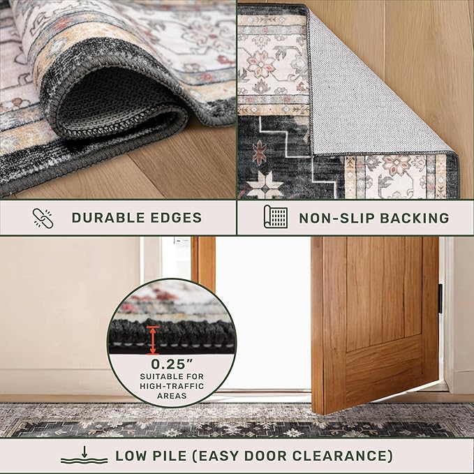 Black Boho Living Room Rug 5x7, Washable Dark Vintage Moody Low Pile Non Slip Carpet for Bedroom, Dinning Room, Office, Farmhouse, Retro Area Rug Indoor Decor (5x7 Black/Multi)