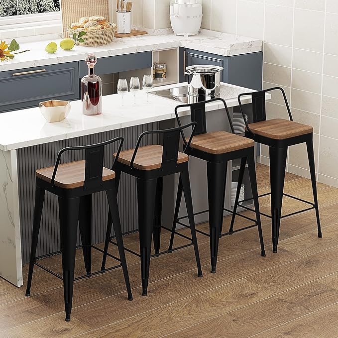 WENTMENT Metal Bar Stools Set of 4 Counter Height Barstools with Removable Back 26" Kitchen Bar Stools with Wooden Seat, Black