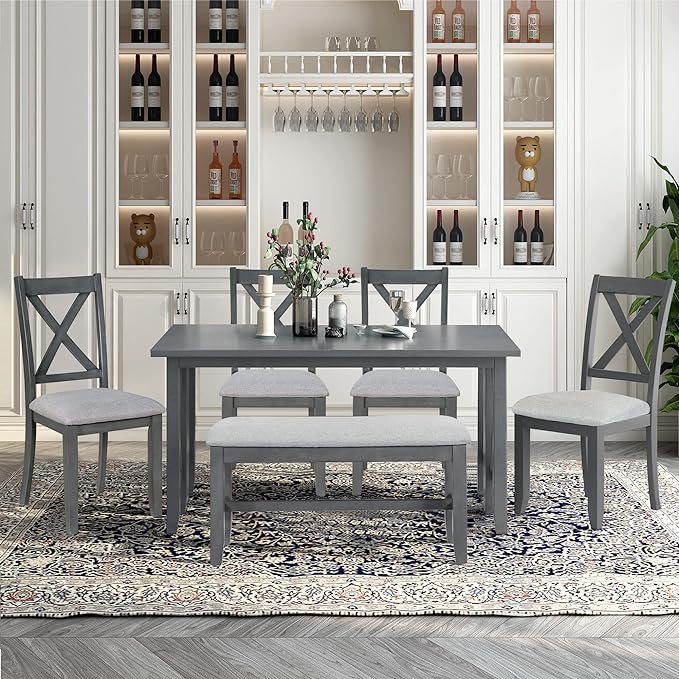 Ball & Cast 6-Piece Dining Table Set, 60" Wood Dining Kitchen Table & Chairs Set, Rectangular Dining Room Foldable Table with 4 Upholstered Chairs & 1 Bench,Perfect for Dining Room, Kitchen, Gray