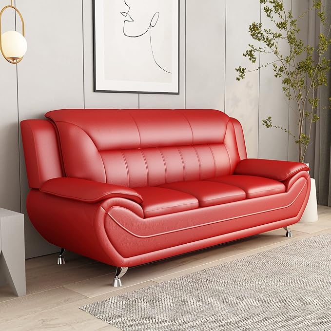 Container Furniture Direct Michael Modern Faux Leather Upholstered Stainless Steel Legs Living Room Sofa, Loveseat, Persian Red