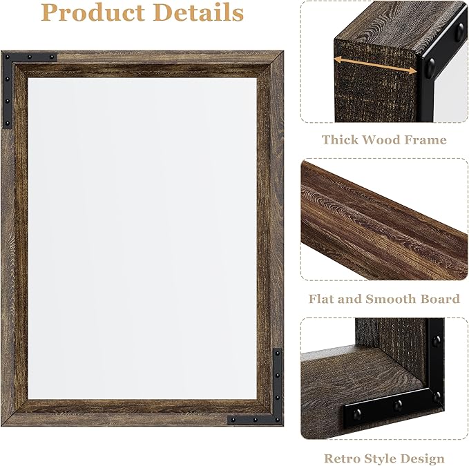YOSHOOT Farmhouse Bathroom Mirror, Rustic Wooden Framed Mirror, Wood Vanity Mirror, Solid Wood & Handmade, Vertical or Horizontal Hanging for Bathroom Entryway Living Room Bedroom, 40" x 26", Brown