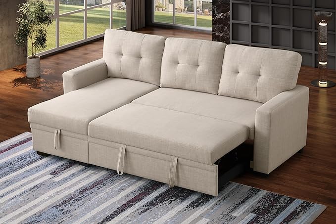 Devion Furniture Meridian 4-in-1 Convertible L Shaped Couch with Pull Out Bed and Storage, Sectional Sleeper Sofa with Reversible Chaise for Living Room, Apartment, Bedroom, Office