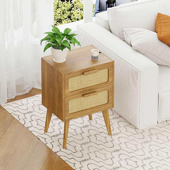 Rattan Nightstand,End Table, Side Table with 2 Hand Made Rattan Decorated Drawers,Boho Bedside Table,Wood Accent Table with Storage for Livingroom, Bedroom, Toffee Wood CTG59T