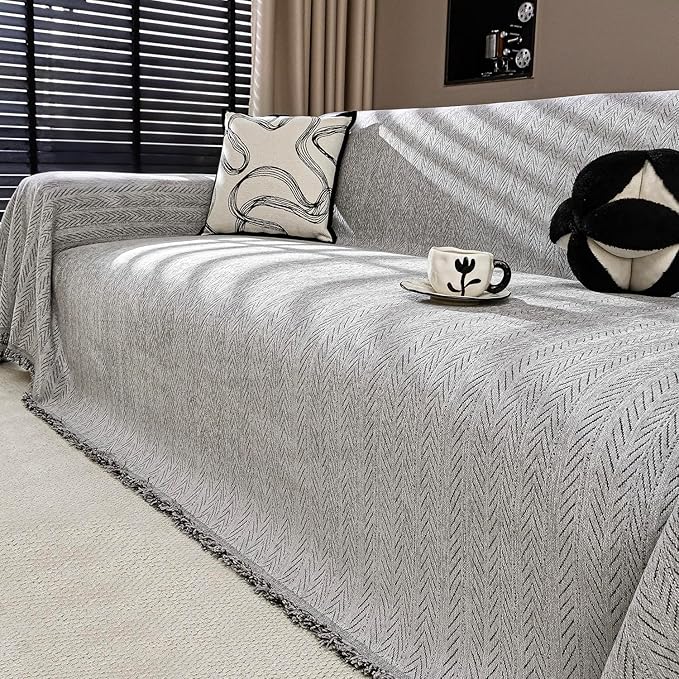 Nobildonna Sofa Cover Washable Soft Thicken Chenille Couch Cover with Tassel,Waterproof Sofa Slipcover for 3-4 Cushion Couch,Sectional Sofa,L-Shaped Furniture Protector Pet-Friendly,Gray 71"x150"