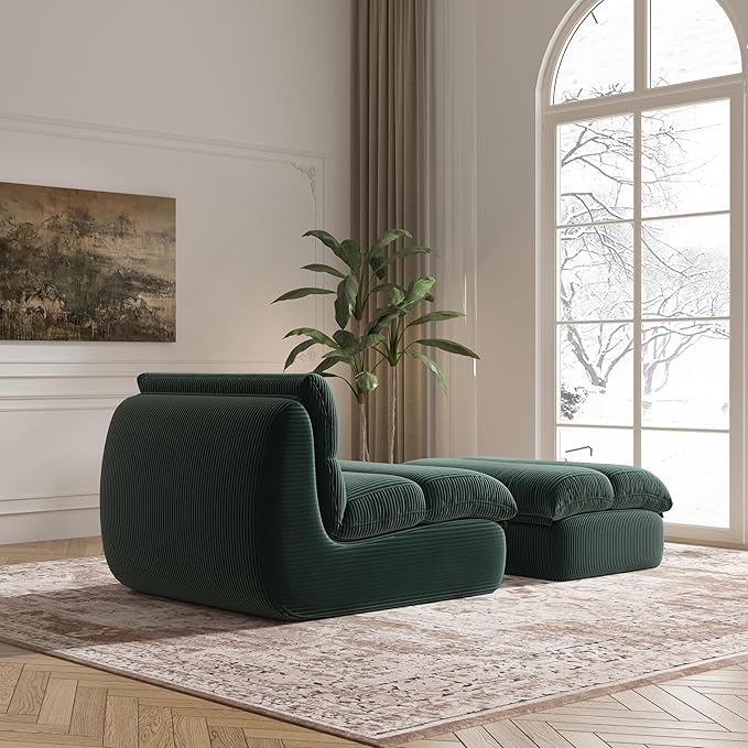 Bean Bag Chair with Ottoman, Cozy Comfy Reading Nook Chairs, Ultra Soft Corduroy Fabric Bean Bag Chairs for Adults, Reading Chair with Ottoman for Living Room, Bedroom Apartment (Green)