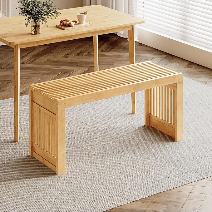 HOOBRO Dining Bench, 35 inch Bamboo Entryway Bench, Farmhouse Kitchen Table Bench, Outdoor Bench, Solid Bamboo Dining Room Benches for Kitchen, Living Room, Hallway, Bedroom, Natural YL16CD01