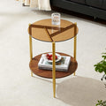 Round End Table, Mid-Century Modern Design, D20*H23 inch, for Living Room, 2-Tier Structure, Amber Glass Top and Walnut MDF Shelf, Sleek Conical Metal Legs with Gold Finish
