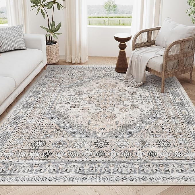 zesthome 4x6 Rug - Stain Resistant Washable Rug, Anti Slip Backing Rugs for Living Room, Foldable Vintage Small Area Rugs ((Beige,4'x6')